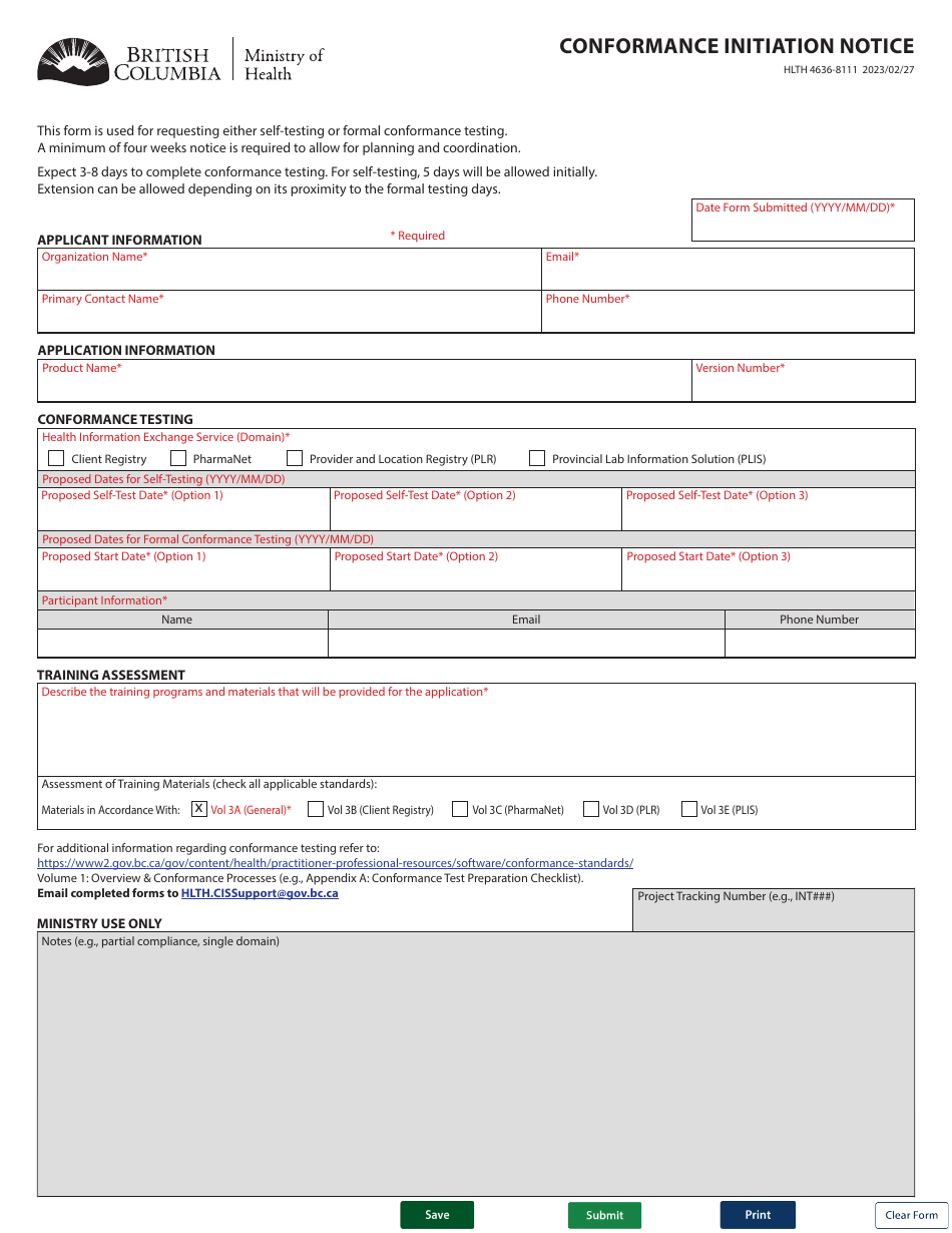 Form HLTH4636-8111 Conformance Initiation Notice - British Columbia, Canada, Page 1
