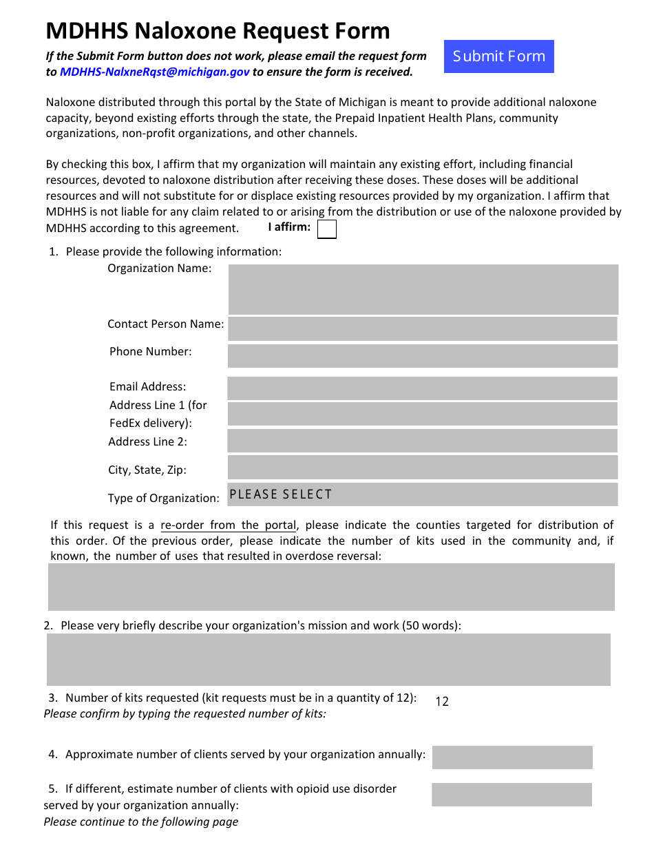 Mdhhs Naloxone Request Form - Michigan, Page 1