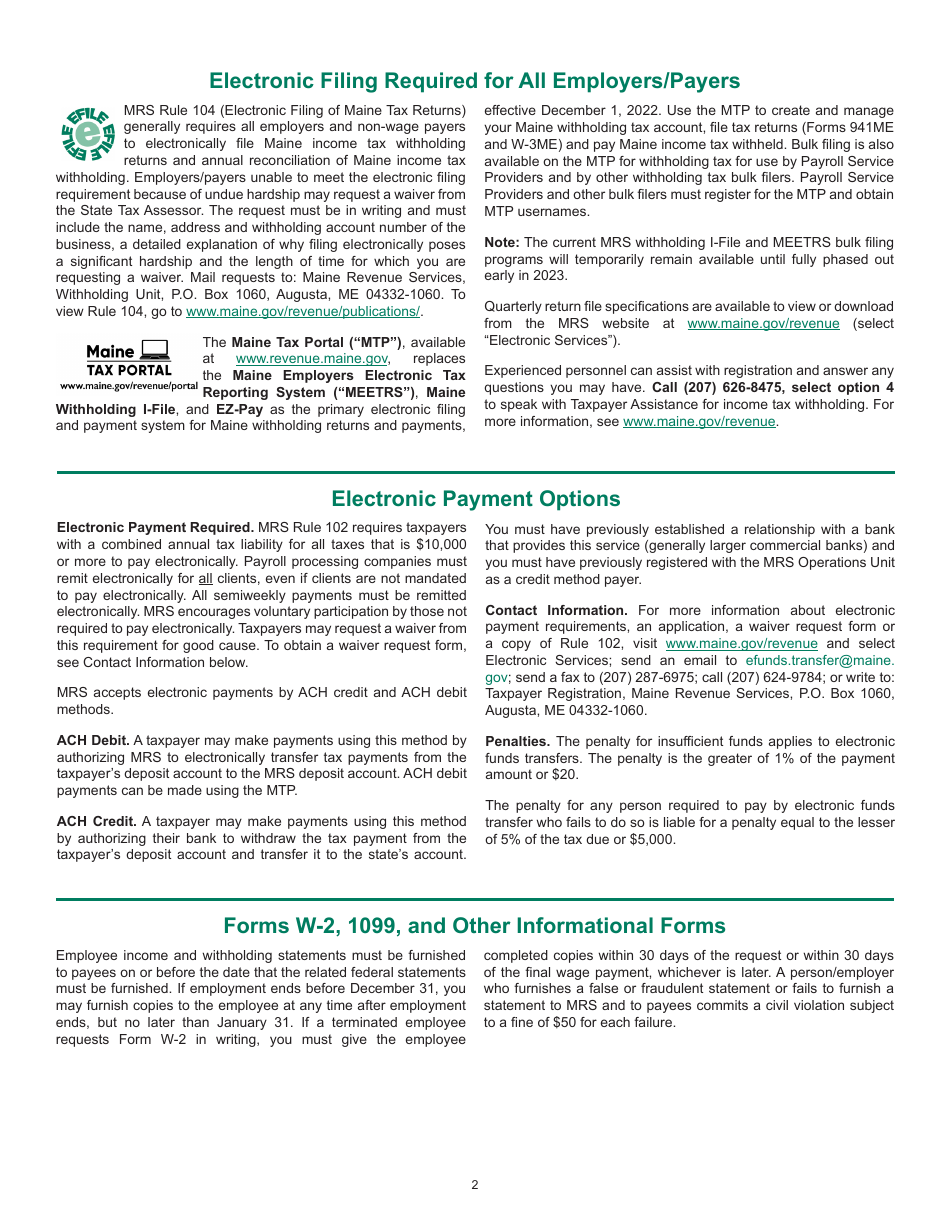 Instructions for Form 941ME Employers Return of Maine Income Tax Withholding - Maine, Page 2