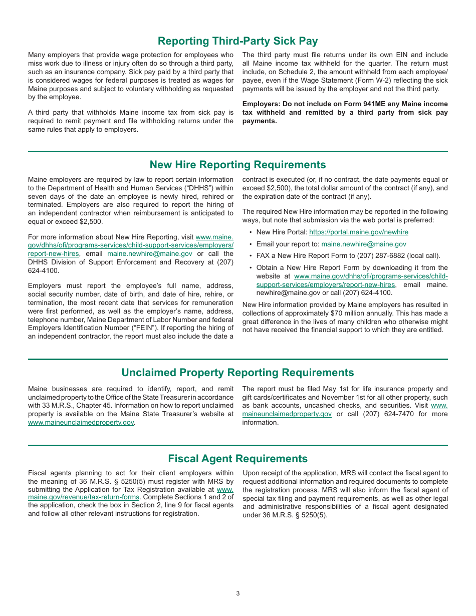 Instructions for Form 941ME Employers Return of Maine Income Tax Withholding - Maine, Page 3