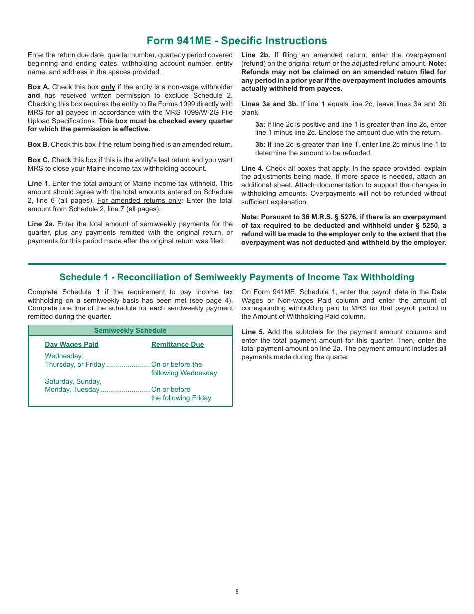 Instructions for Form 941ME Employers Return of Maine Income Tax Withholding - Maine, Page 5