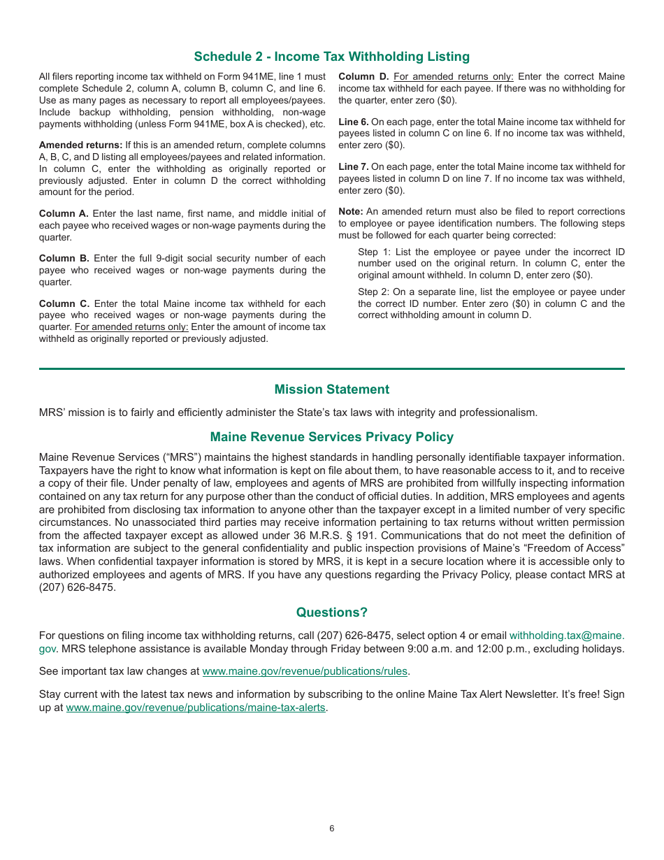 Instructions for Form 941ME Employers Return of Maine Income Tax Withholding - Maine, Page 6