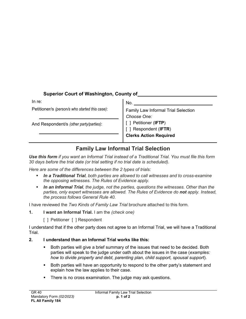 Form FL All Family184 Family Law Informal Trial Selection - Washington, Page 1