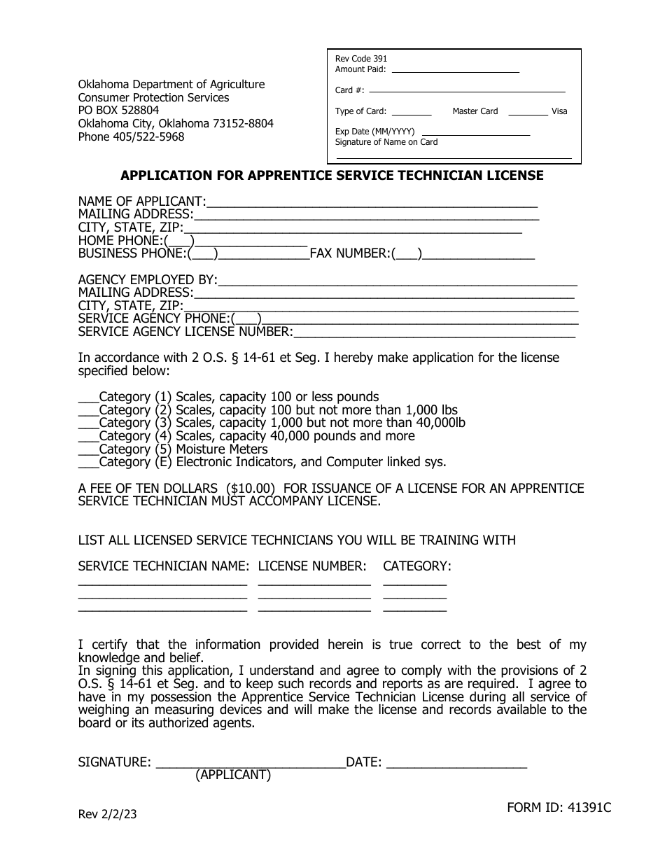 Form 41391C Application for Apprentice Service Technician License - Oklahoma, Page 1
