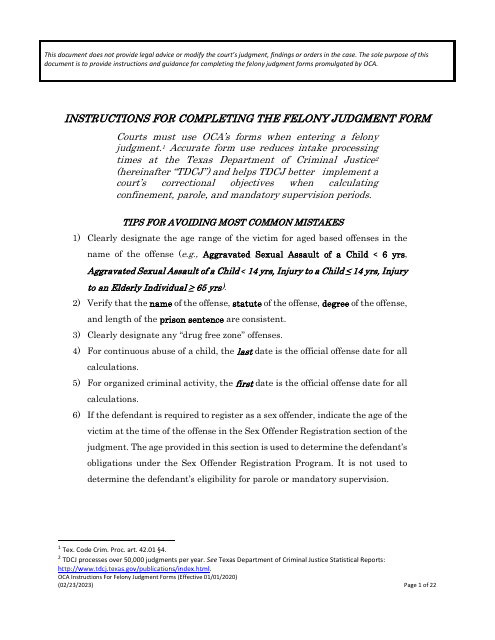 Instructions for Felony Judgment Forms - Texas Download Pdf