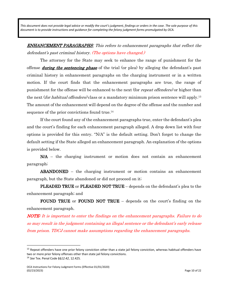Instructions for Felony Judgment Forms - Texas, Page 10