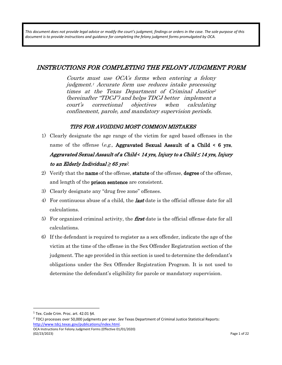 Instructions for Felony Judgment Forms - Texas, Page 1
