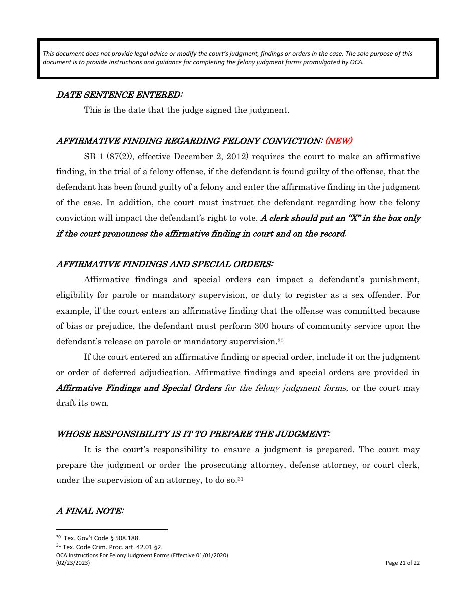 Instructions for Felony Judgment Forms - Texas, Page 21
