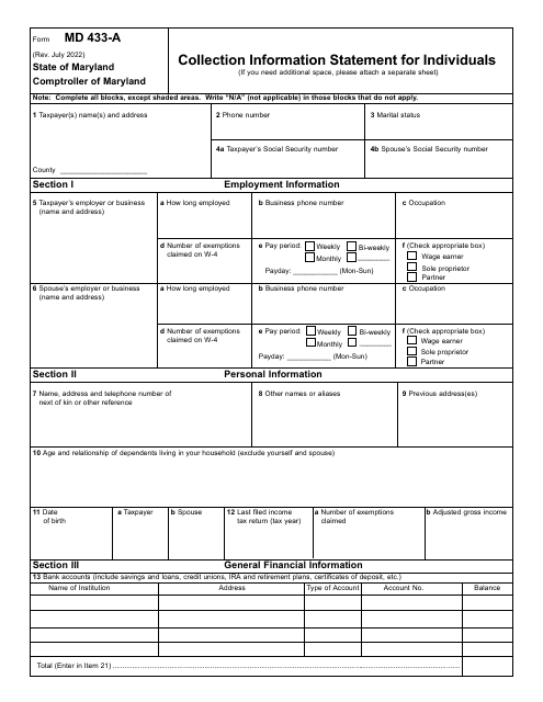 Form MD433-A Collection Information Statement for Individuals - Maryland