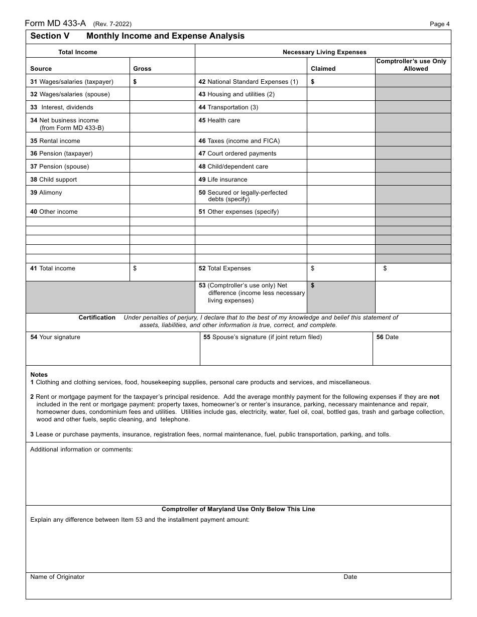 Form MD433-A Collection Information Statement for Individuals - Maryland, Page 4