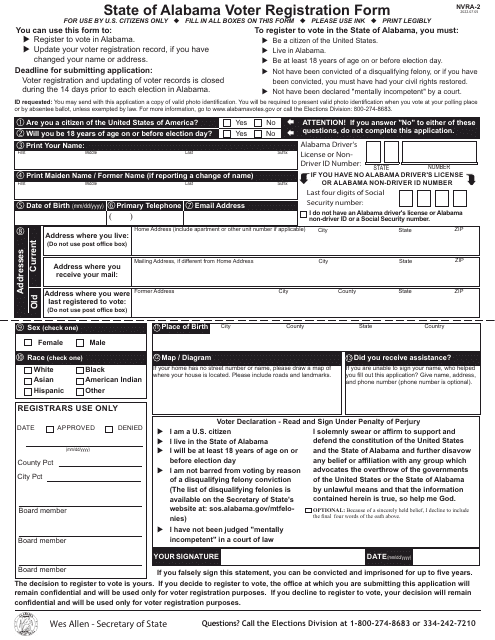 Form NVRA-2 State of Alabama Voter Registration Form - Alabama