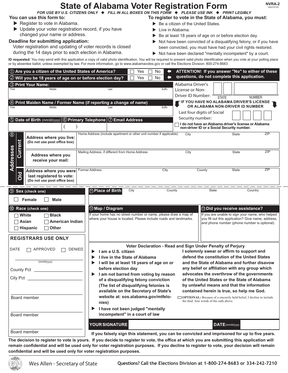 Form NVRA-2 State of Alabama Voter Registration Form - Alabama, Page 1