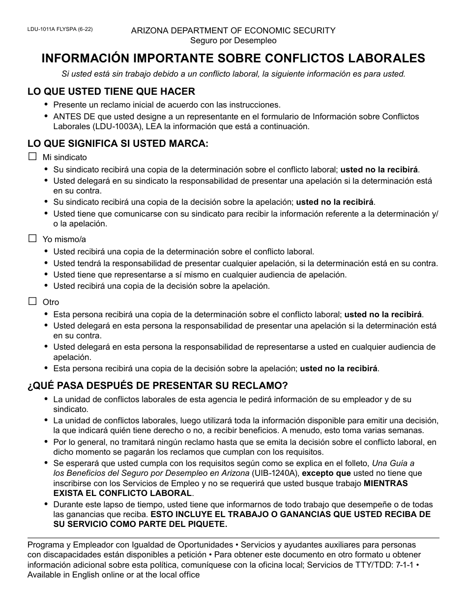 Formulario LDU-1011A-S Informacion Importante Sobre Conflictos Laborales - Arizona (Spanish), Page 1