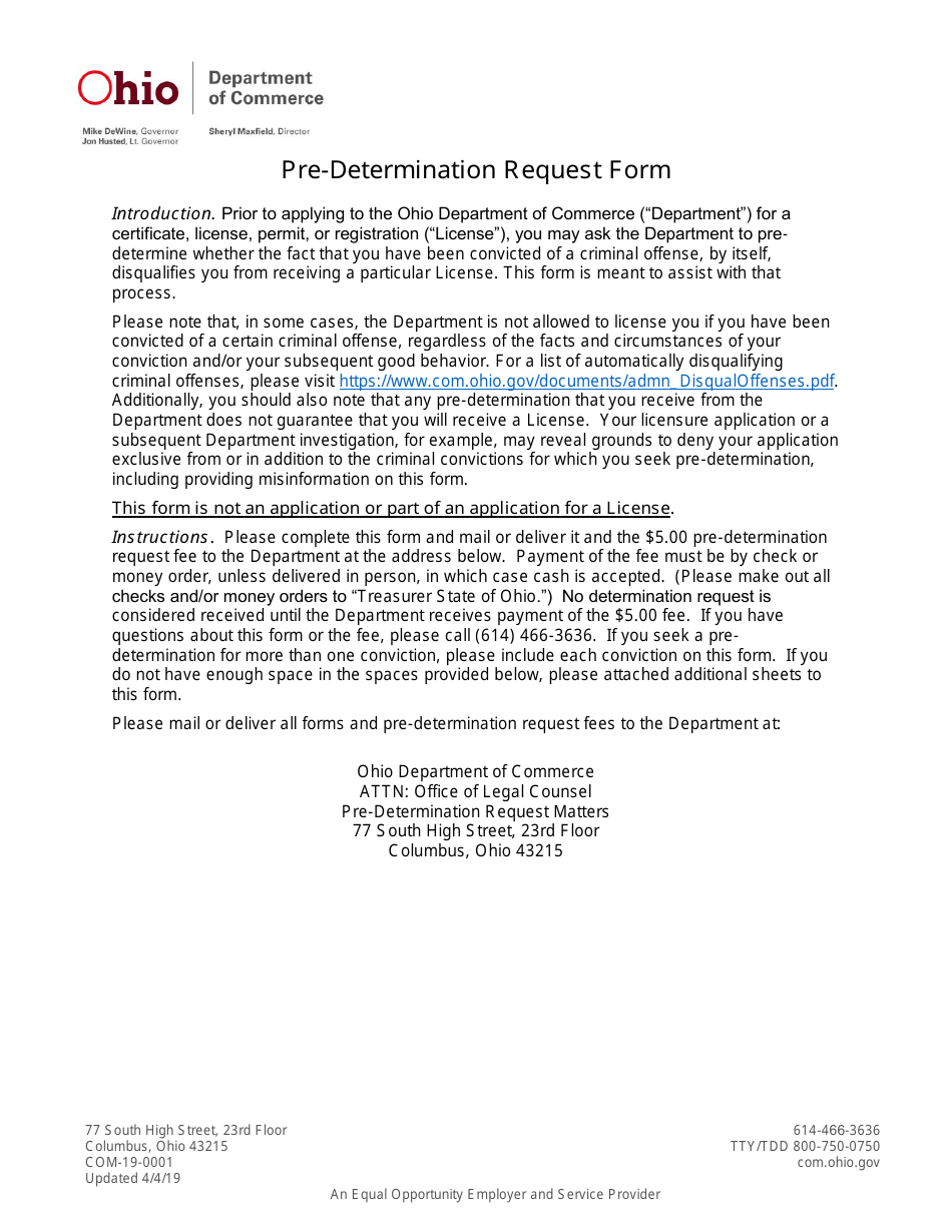 Form COM-19-0001 Pre-determination Request Form - Ohio, Page 1