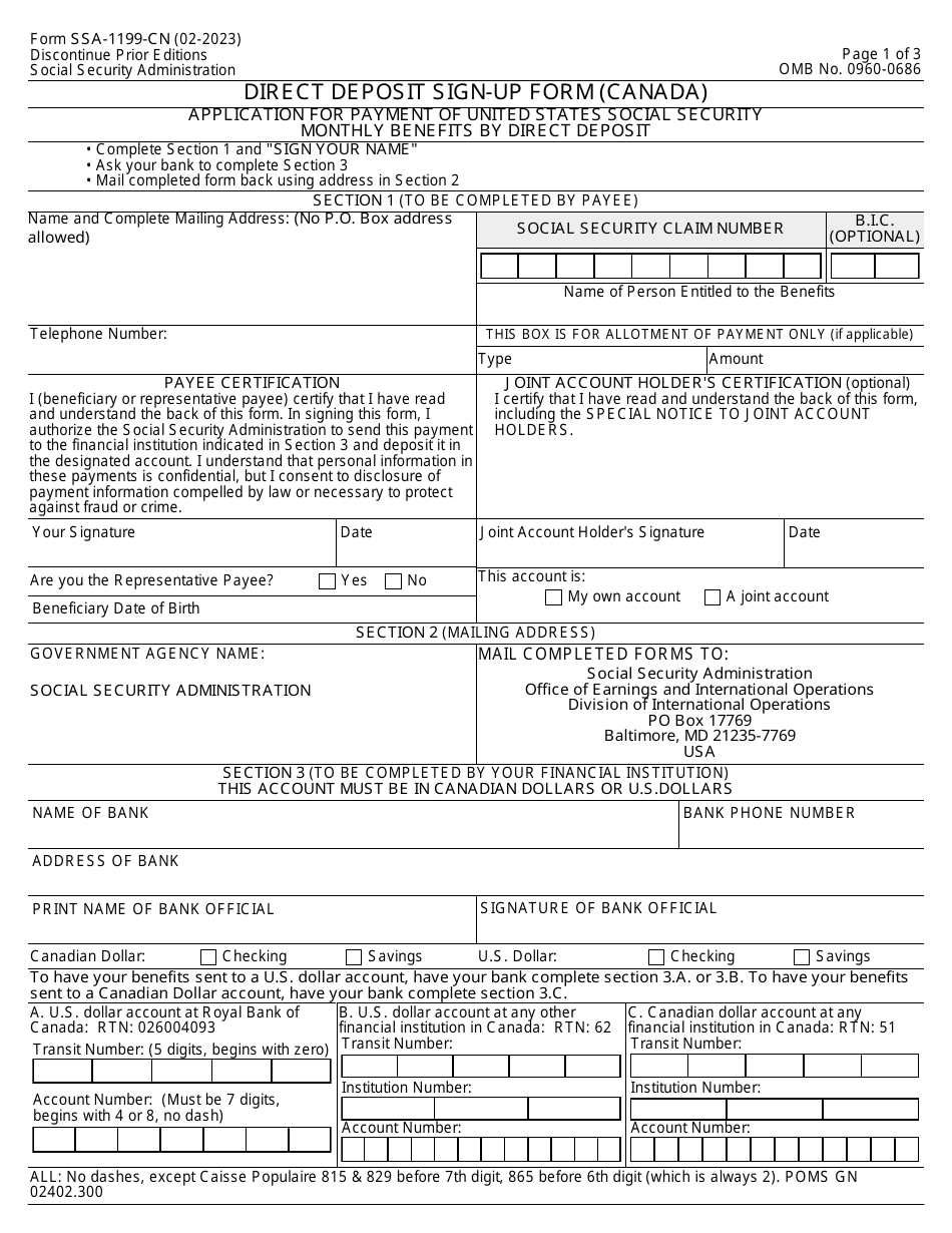 Form SSA-1199-CN Direct Deposit Sign-Up Form (Canada), Page 1
