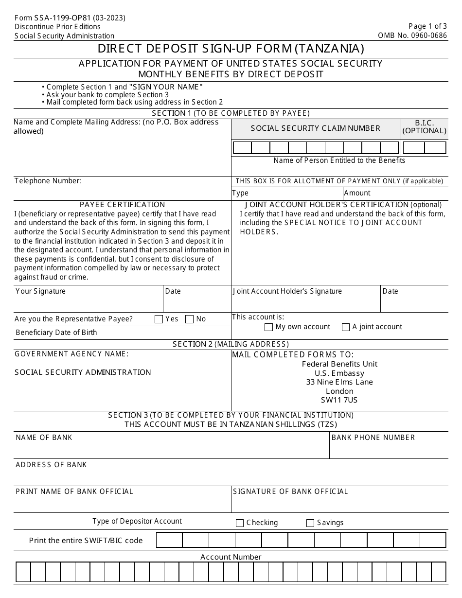 Form SSA-1199-OP81 Direct Deposit Sign-Up Form (Tanzania), Page 1