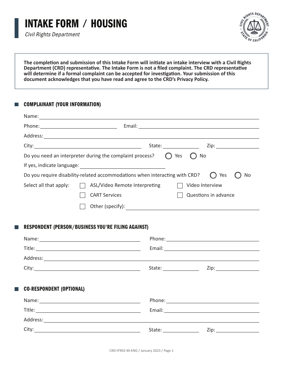 Form CRD-IF903-4X-ENG Intake Form - Housing - California, Page 1