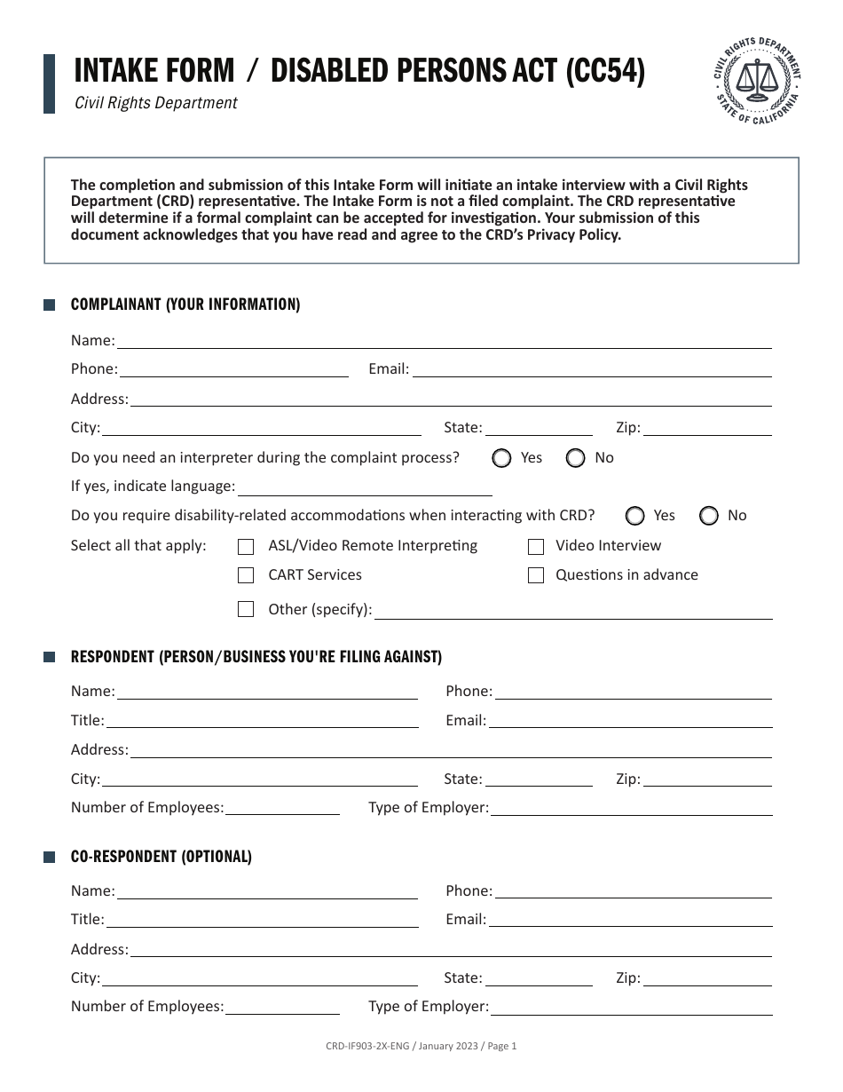 Form CRD-IF903-2X-ENG Intake Form - Disabled Persons Act (Cc54) - California, Page 1