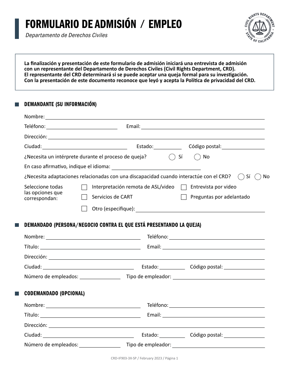 Formulario CRD-IF903-3X-SP Formulario De Admision - Empleo - California (Spanish), Page 1