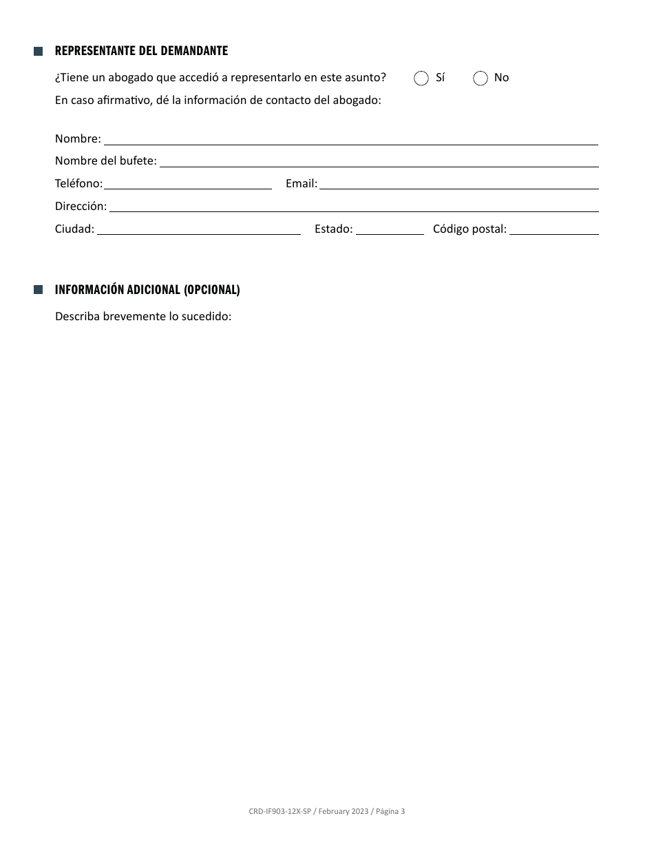 Formulario CRD-IF903-12X-SP Formulario De Registro - Derechos Civiles Unruh - California (Spanish), Page 3
