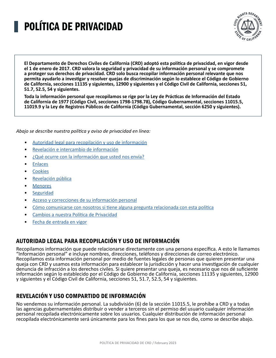 Formulario CRD-IF903-12X-SP Formulario De Registro - Derechos Civiles Unruh - California (Spanish), Page 6