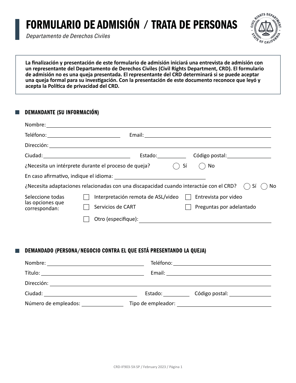 Formulario CRD-IF903-5X-SP Formulario De Admision - Trata De Personas - California (Spanish), Page 1