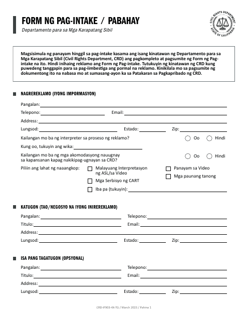 Form CRD-IF903-4X-TG Intake Form - Housing - California (Tagalog)