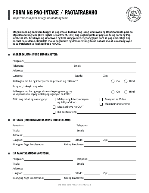 Form CRD-IF903-3X-TG Intake Form - Employment - California (Tagalog)