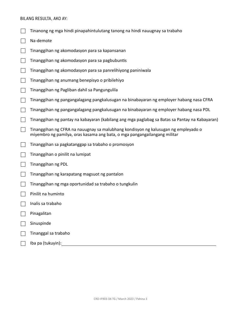 Form CRD-IF903-3X-TG Intake Form - Employment - California (Tagalog), Page 3