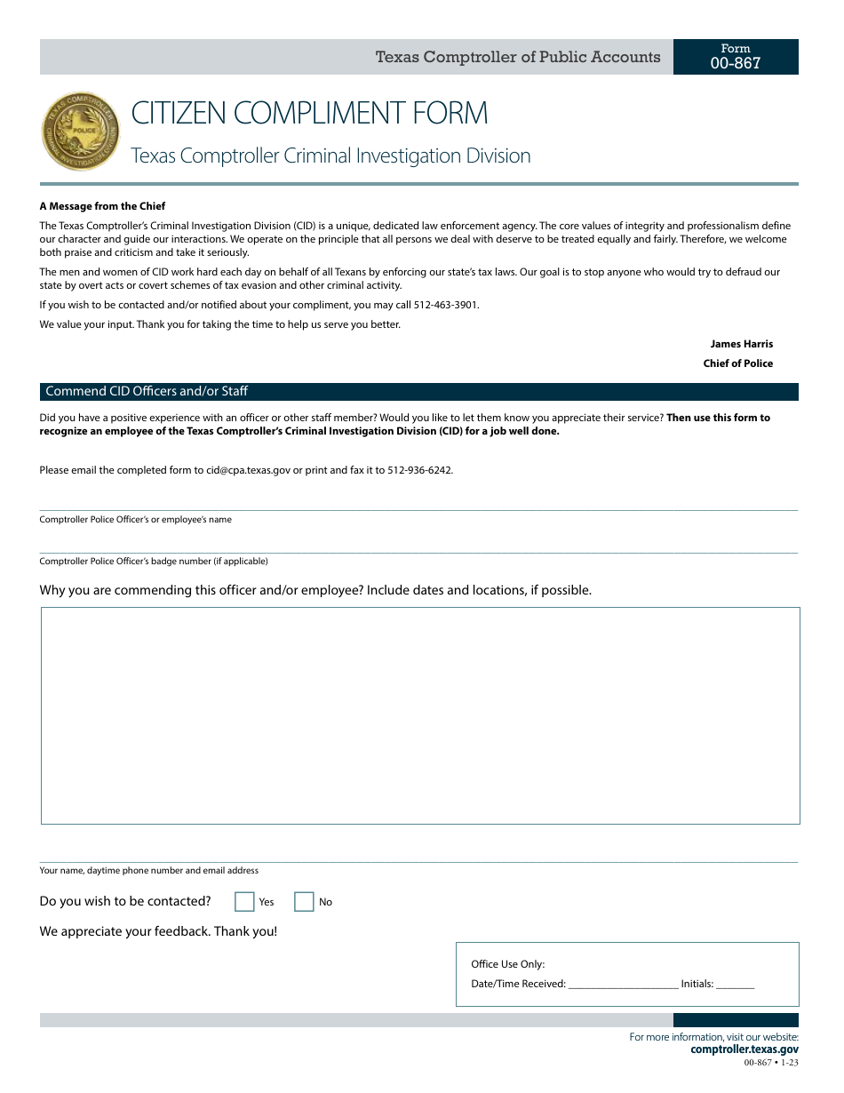 Form 00-867 Citizen Compliment Form - Texas, Page 1