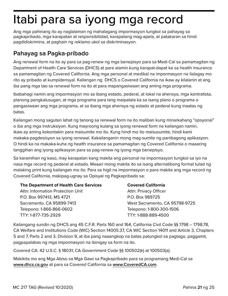 Form MC217 Medi-Cal Renewal Form - California (Tagalog), Page 21