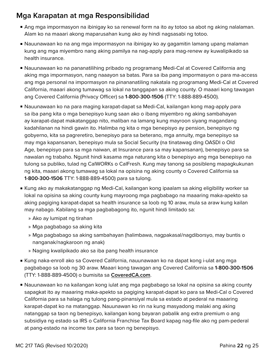 Form MC217 Medi-Cal Renewal Form - California (Tagalog), Page 22