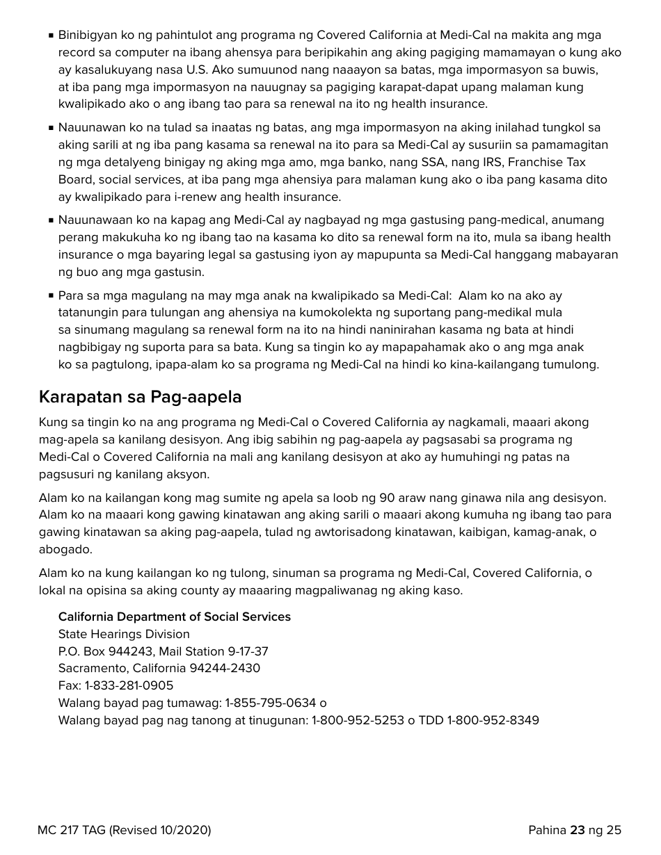 Form MC217 Medi-Cal Renewal Form - California (Tagalog), Page 23
