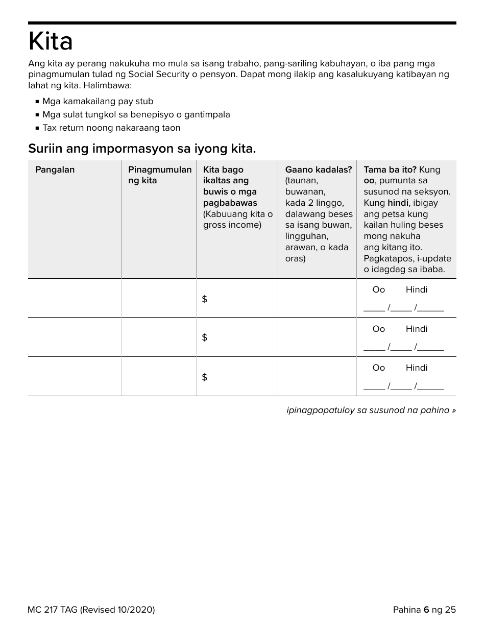 Form MC217 Medi-Cal Renewal Form - California (Tagalog), Page 6