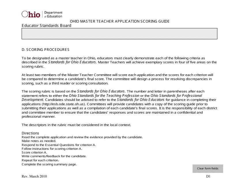 Ohio Master Teacher Application Scoring Guide - Ohio Download Pdf