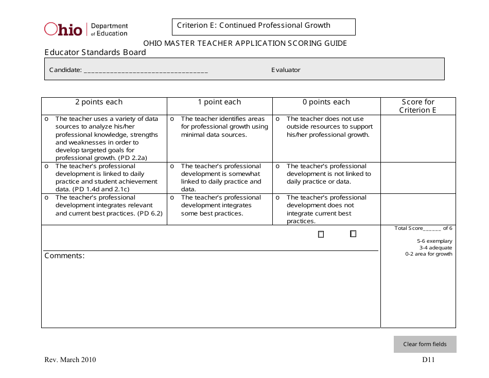 Ohio Master Teacher Application Scoring Guide - Ohio, Page 11