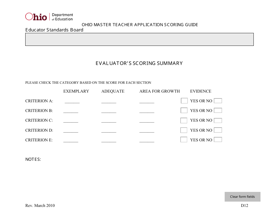 Ohio Master Teacher Application Scoring Guide - Ohio, Page 12
