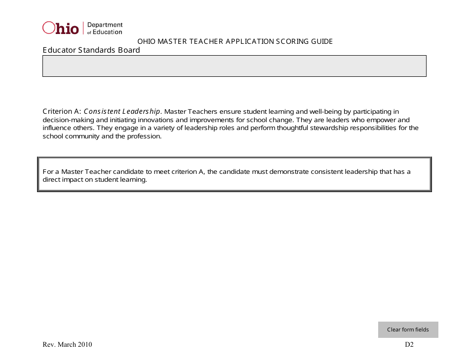 Ohio Master Teacher Application Scoring Guide - Ohio, Page 2