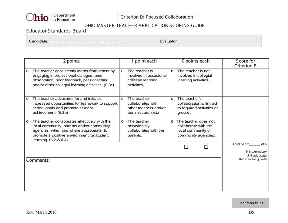 Ohio Master Teacher Application Scoring Guide - Ohio, Page 5