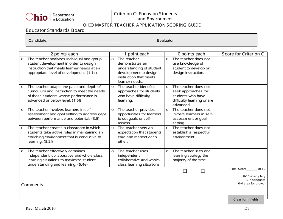 Ohio Master Teacher Application Scoring Guide - Ohio, Page 7