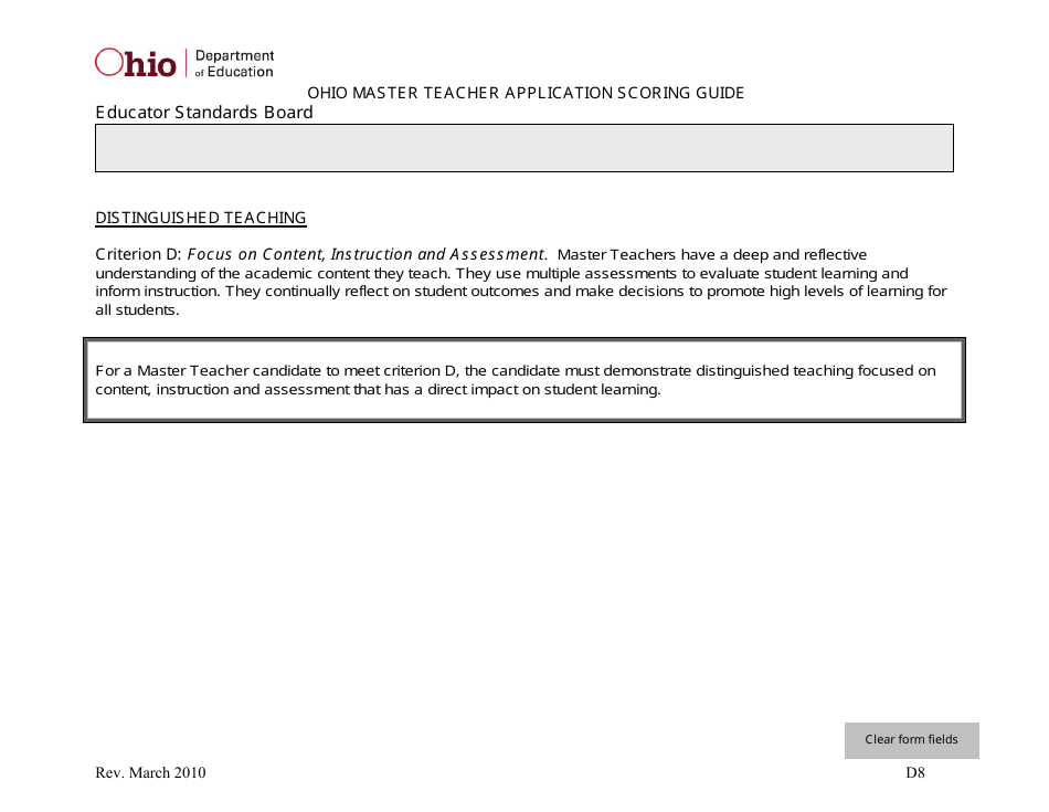Ohio Master Teacher Application Scoring Guide - Ohio, Page 8