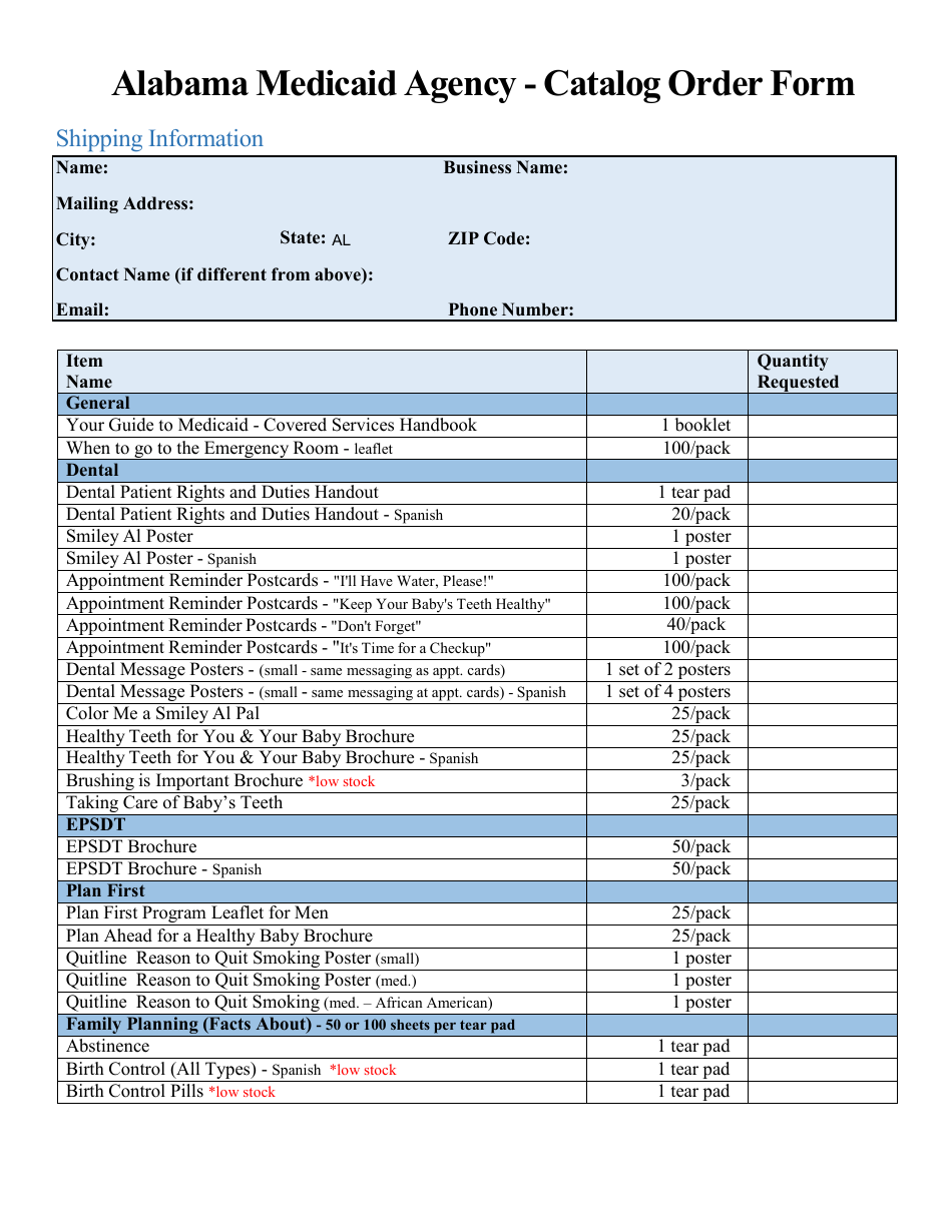 Catalog Order Form - Alabama, Page 1