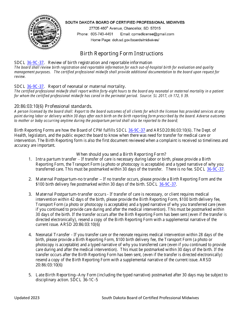 Instructions for Birth Reporting Form - South Dakota, Page 1