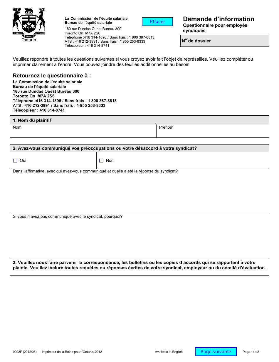 Forme 0202F Demande Dinformation - Questionnaire Pour Employes Syndiques - Ontario, Canada (French), Page 1