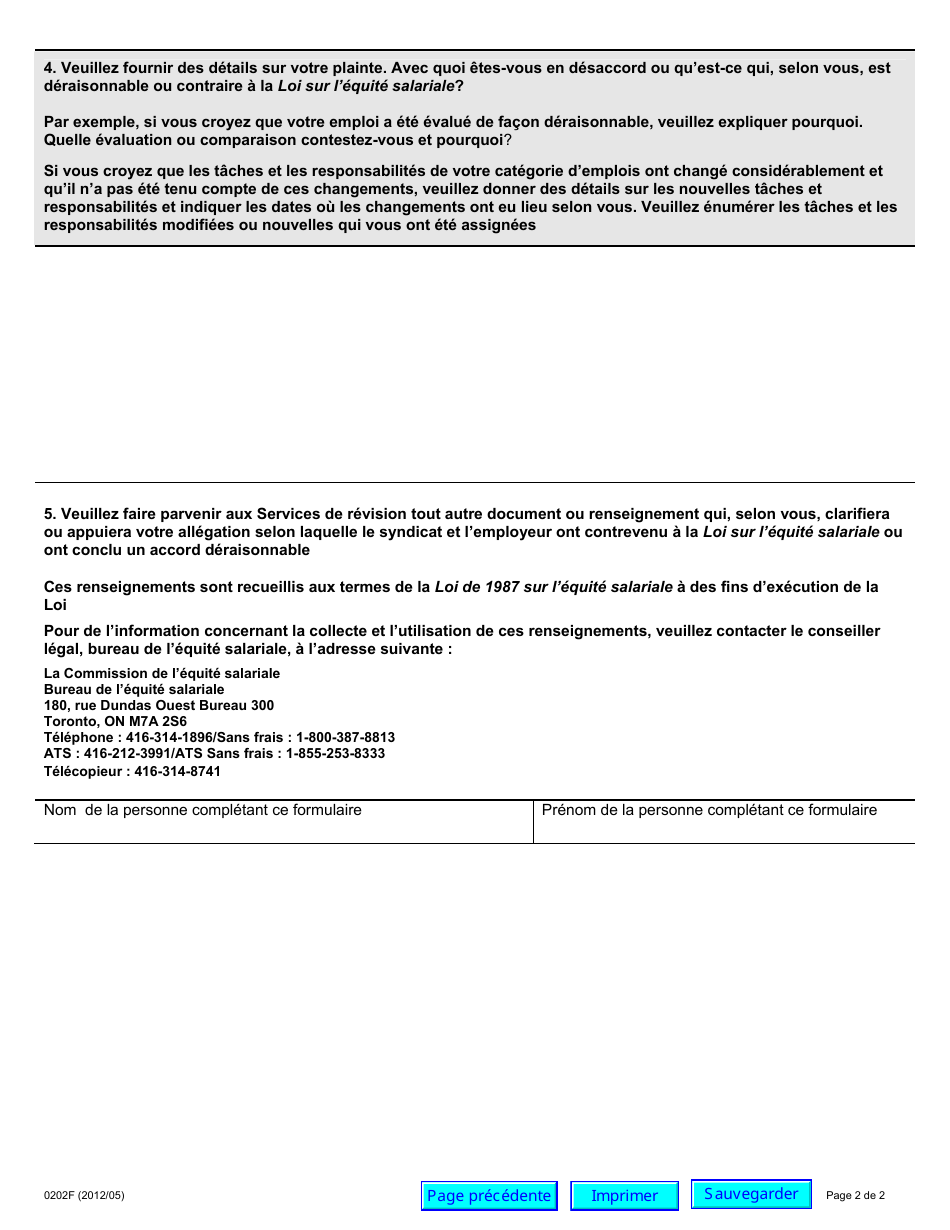 Forme 0202F Demande Dinformation - Questionnaire Pour Employes Syndiques - Ontario, Canada (French), Page 2