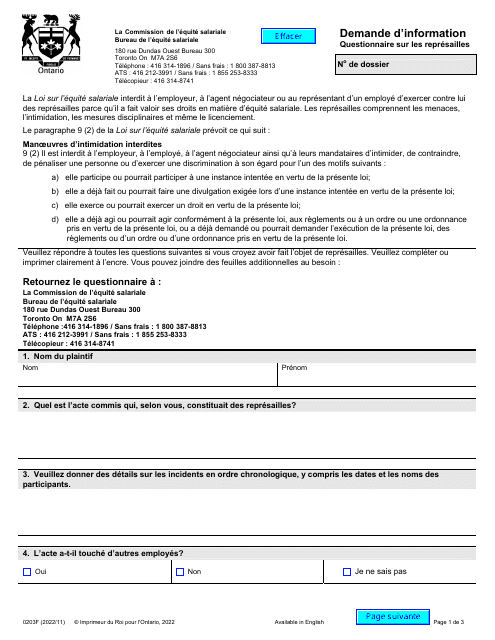 Forme 0203F Demande D'information - Questionnaire Sur Les Represailles - Ontario, Canada (French)