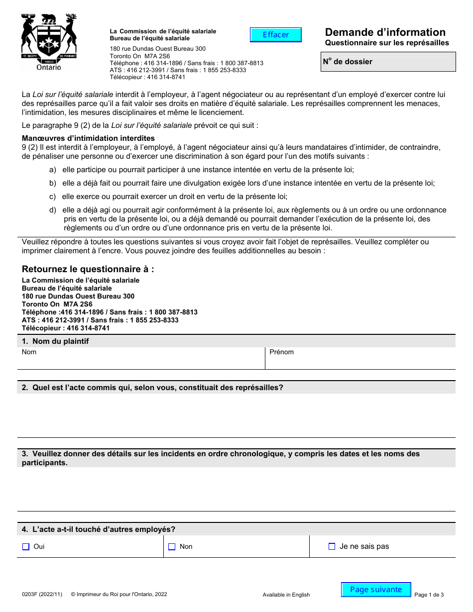 Forme 0203F Demande Dinformation - Questionnaire Sur Les Represailles - Ontario, Canada (French), Page 1