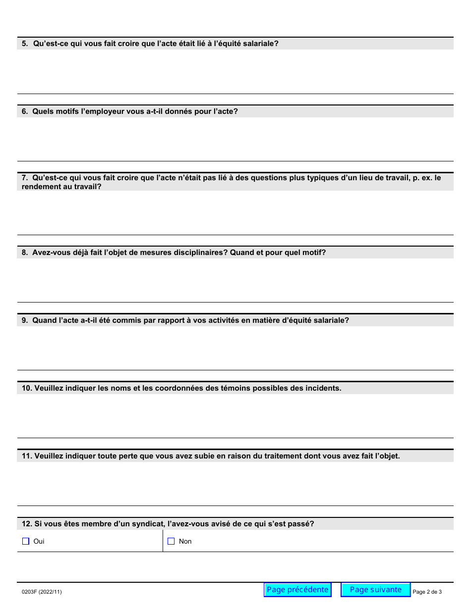 Forme 0203F Demande Dinformation - Questionnaire Sur Les Represailles - Ontario, Canada (French), Page 2
