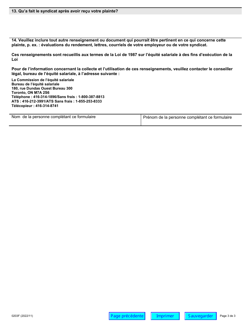 Forme 0203F Demande Dinformation - Questionnaire Sur Les Represailles - Ontario, Canada (French), Page 3