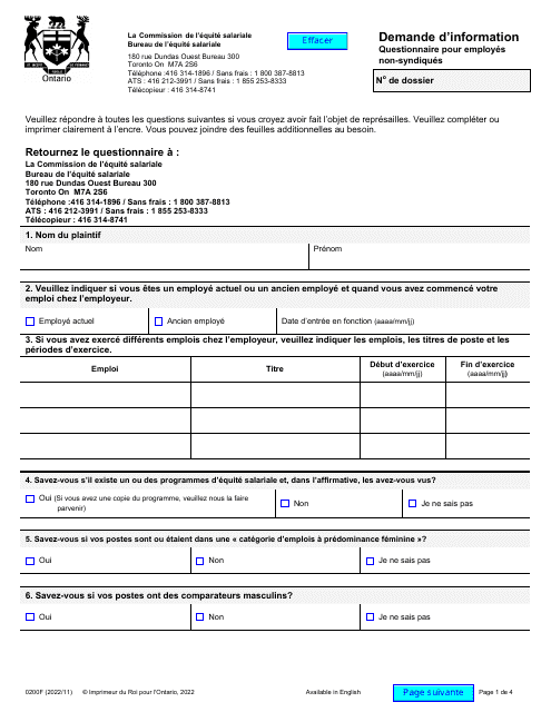 Forme 0200F Demande D'information - Questionnaire Pour Employes Non-syndiques - Ontario, Canada (French)